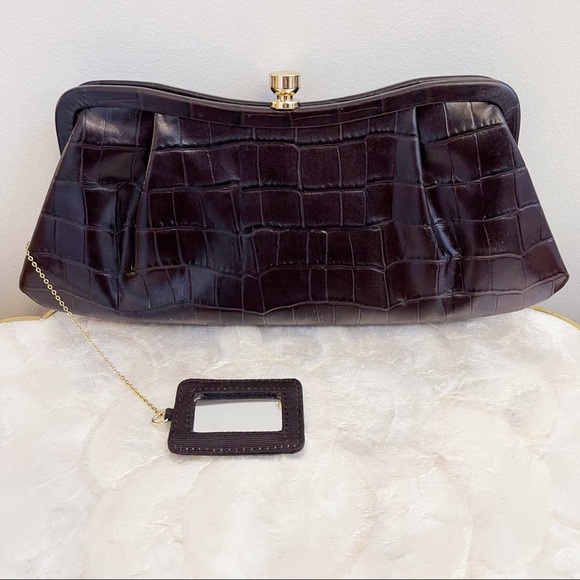 Brown Genuine Leather Croc Emboss Design Hand Held Clutch Chic Classic - Picture 7 of 15